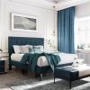 Full Size Adjustable Height Platform Bed Frame with Blue Upholstered Headboard