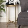 Gold Finish Metal Round End Table Nightstand with  Removable Navy Blue Tray Top
