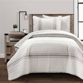 Twin/Twin XL Grey Off-White 2 Piece Stripe Reversible Cotton Quilt Set