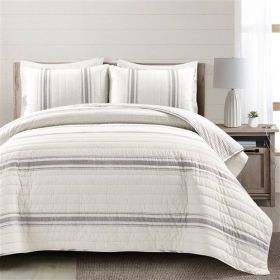 Full / Queen Grey Off-White 3 Piece Stripe Reversible Cotton Quilt Set