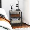 Modern Industrial Side Table Nightstand in Black Metal with Grey Beige Wood Top