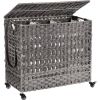 Grey PP Rattan 3-Basket Laundry Hamper Sorter Cart with Removable Cotton Bags