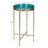 Gold Finish Metal Round End Table Nightstand with Removable Teal Tray Top