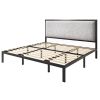 King Black Metal Platform Bed Frame with Tall Grey Linen Upholstered Headboard