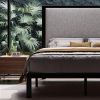 King Black Metal Platform Bed Frame with Tall Grey Linen Upholstered Headboard