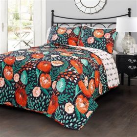 King size Boho Floral Red Poppy Navy Teal Lightweight 3 Piece Cotton Quilt Set