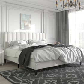 King size White Velvet Upholstered Platform Bed Frame with Headboard