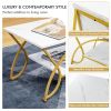 Modern White Faux Marble 2 Tier Coffee Table with Gold Finish Metal Curved Legs