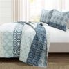 Full/Queen Lightweight 3 Piece Reversible Botanical Blue Damask Quilt Set