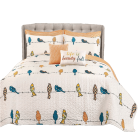 King size Orange White Blue Floral Birds On Wire 7 Piece Lightweight Quilt Set
