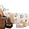 King size Orange White Blue Floral Birds On Wire 7 Piece Lightweight Quilt Set