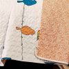 King size Orange White Blue Floral Birds On Wire 7 Piece Lightweight Quilt Set