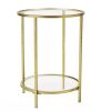 Round Accent Side Table Gold Metal Glass Top Bottom Shelf End Table