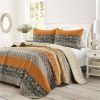 Full/Queen Orange Grey Boho Floral Birds Reversible Lightweight Quilt Set