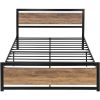 Full Metal Platform Bed Frame with Brown Wood Panel Headboard and Footboard