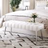 Mid-Century Modern End of Bed Bench with White PU Leather Seat and Tapered Legs