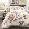 King size 3 Piece Floral Boho Cotton Off-White Navy Pastel Quilt Set