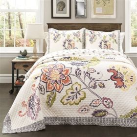 King size 3 Piece Floral Boho Cotton Off-White Navy Pastel Quilt Set