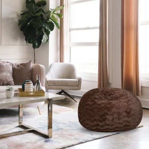 Faux Fur Bean Bag Chair, Brown-3ft Cozy and Stretchable Fabric Lounger for Children and Adults with Easy-Clean Cover