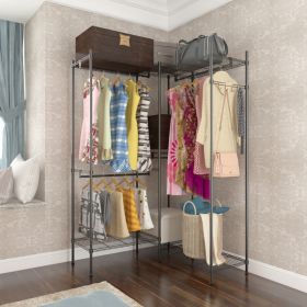 4 Rows Of Clothes Bars Plus 7 Layers Of Shelves With One Row Of 4 Hooks Clothes Hooks Variant Open Wardrobe 180x35x195cm Black (Color: Black)