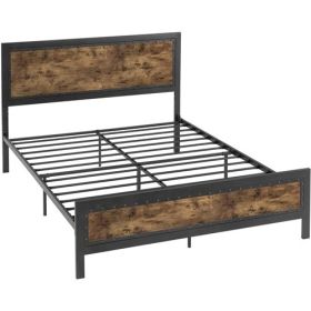 Industrial Rivet Platform Bed Frame with Headboard in Rustic Wood Finish (size: Full)