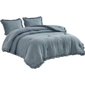 Blue Stone Washed Ruffled Edge Microfiber 3-Piece Comforter Set (size: KING)
