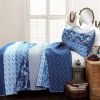 Navy White Light Blue Boho Floral Birds Reversible Quilt Set
