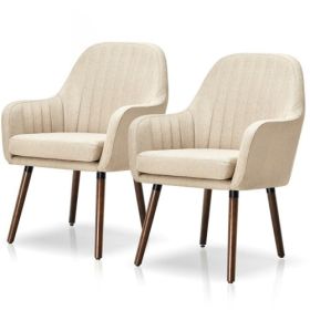 Set of 2 Retro Linen Upholstered Accent Chair with Stylish Wood Legs (Color: Off-White)