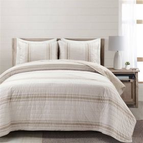 Beige Off-White Cream Stripe Reversible Cotton Quilt Set (size: FULL/QUEEN)