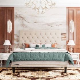 Beige Linen Upholstered Platform Bed with Button-Tufted Headboard (size: KING)