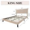 Beige Linen Upholstered Platform Bed with Button-Tufted Headboard
