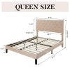 Beige Linen Upholstered Platform Bed with Button-Tufted Headboard