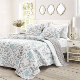 Blue Grey Floral Lightweight Thin Polyester Fabric 3-Piece Quilt Set (size: FULL/QUEEN)