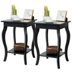Modern Nightstand End Table with Bottom Shelf Wood Finish - Set of 2 (Color: Black)