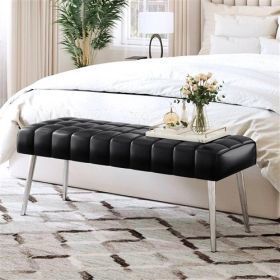 Mid-Century Modern Bedroom Bench with PU Leather Seat and Tapered Legs (Color: Black)