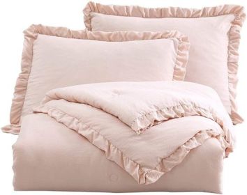 Pink Stone Washed Ruffled Edge Microfiber Comforter Set (size: KING)