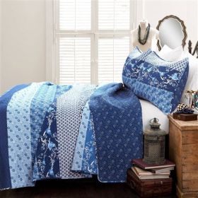 Navy White Light Blue Boho Floral Birds Reversible Quilt Set (size: KING)