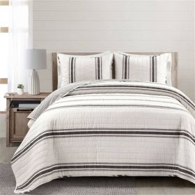 Black Off-White Cream Stripe Reversible Cotton Quilt Set (size: KING)