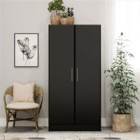 Bedroom Armoire Wardrobe Cabinet with Hanging Rail in Wood Finish (Color: Black)