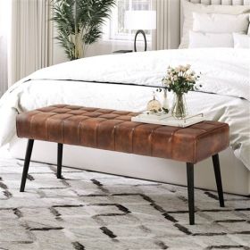 Mid-Century Modern Bedroom Bench with PU Leather Seat and Tapered Legs (Color: brown)