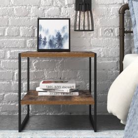 Industrial Modern Wood Top Nightstand End Table with Shelf (Color: brown)