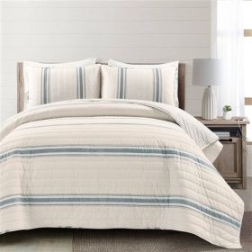 Blue Off-White Cream Stripe 3 Piece Reversible Cotton Quilt Set (size: California King)