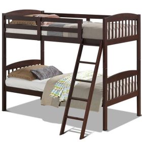 Twin over Twin Wooden Bunk Bed with Ladder (Color: Dark Brown)
