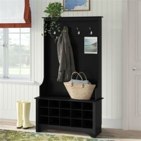 Entryway Hall Tree Shoe Cubbie Coat Rack (Color: Black)