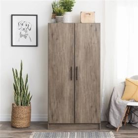 Bedroom Armoire Wardrobe Cabinet with Hanging Rail in Wood Finish (Color: Gray Brown)