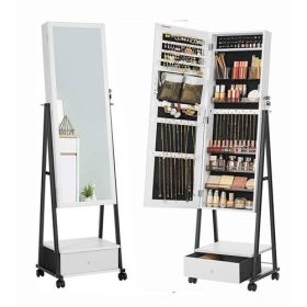 Modern Black Metal Wood Jewelry Armoire Cabinet Organizer Mirror on Wheels (Color: White)
