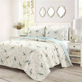 Reversible Lightweight Polyester Floral Birds 3 Piece Quilt Set (size: KING)