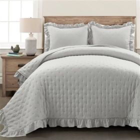 Lightweight Grey Ruffle Reversible Oversized 3 Piece Quilt Set (size: FULL/QUEEN)