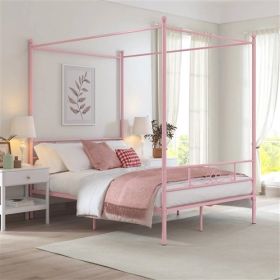 French Country Style Four Poster Metal Canopy Bed in Pink Finish (size: Full)