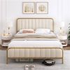 Gold Metal Platform Bed Frame with Off-White Upholstered Headboard